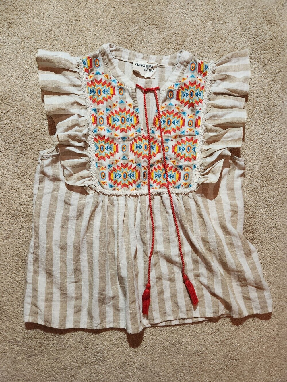 Savanna Jane Aztec Embroidered Striped Flutter Sleeve Boho Blouse - L